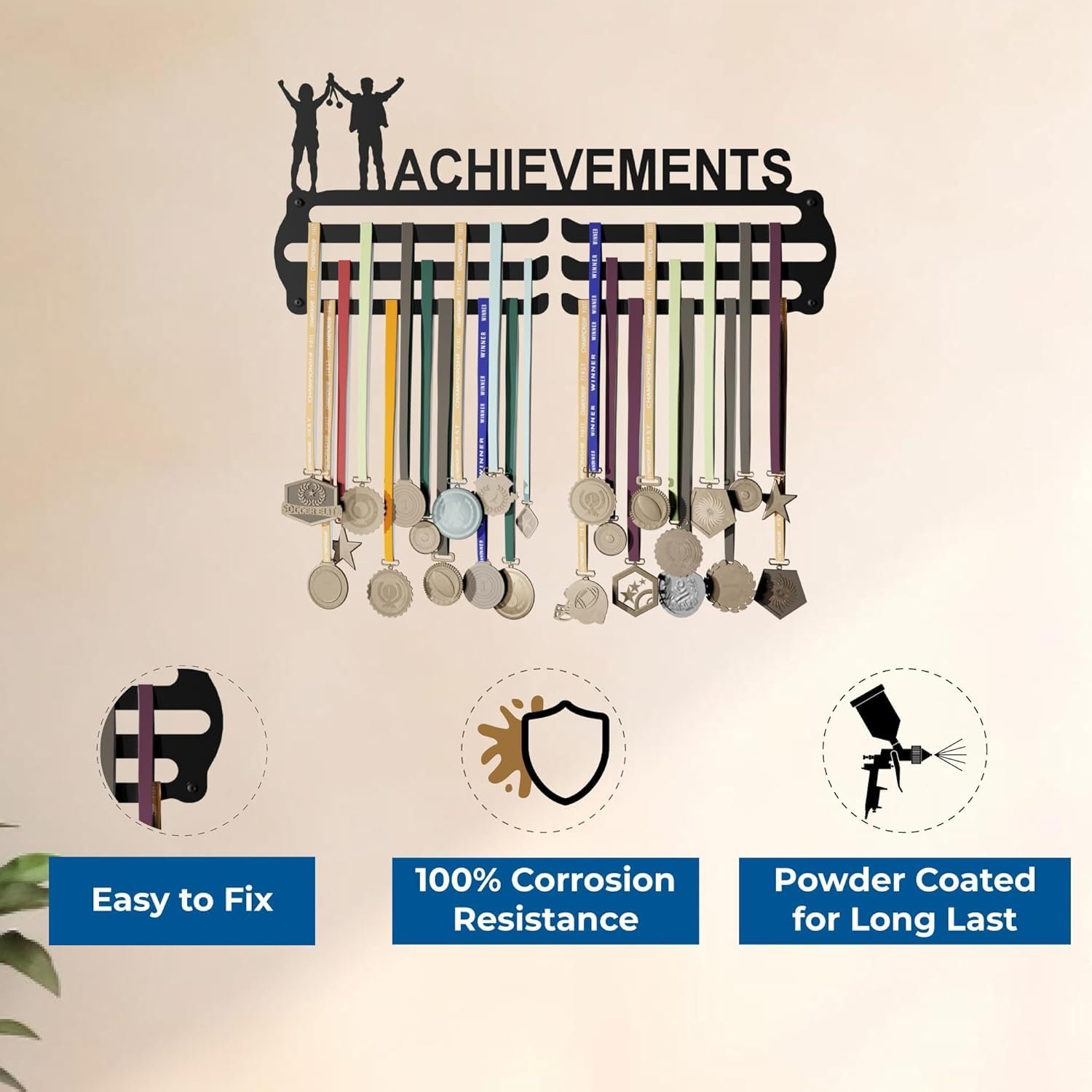 "Achivement" Medal Display Medal Display Hanger, Achievement Medal Holder with Silhouette Design, 3-Tier Wall Mount, Black - Image 6