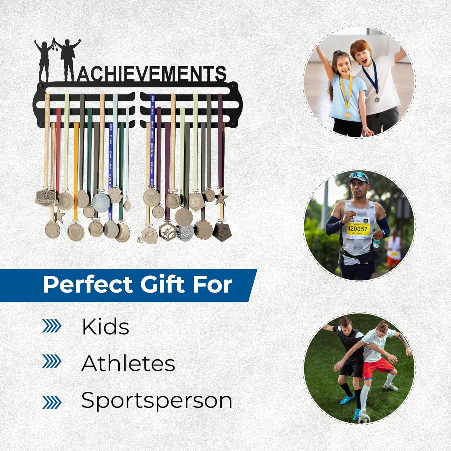 "Achivement" Medal Display Medal Display Hanger, Achievement Medal Holder with Silhouette Design, 3-Tier Wall Mount, Black